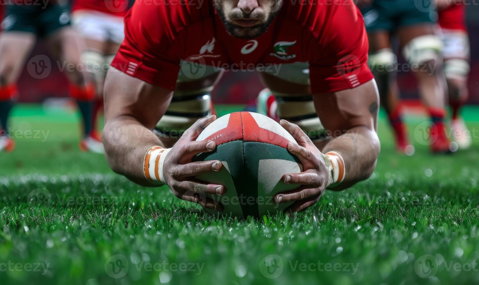 A rugby player's hands gripping the ball, with the field and players in the background photo