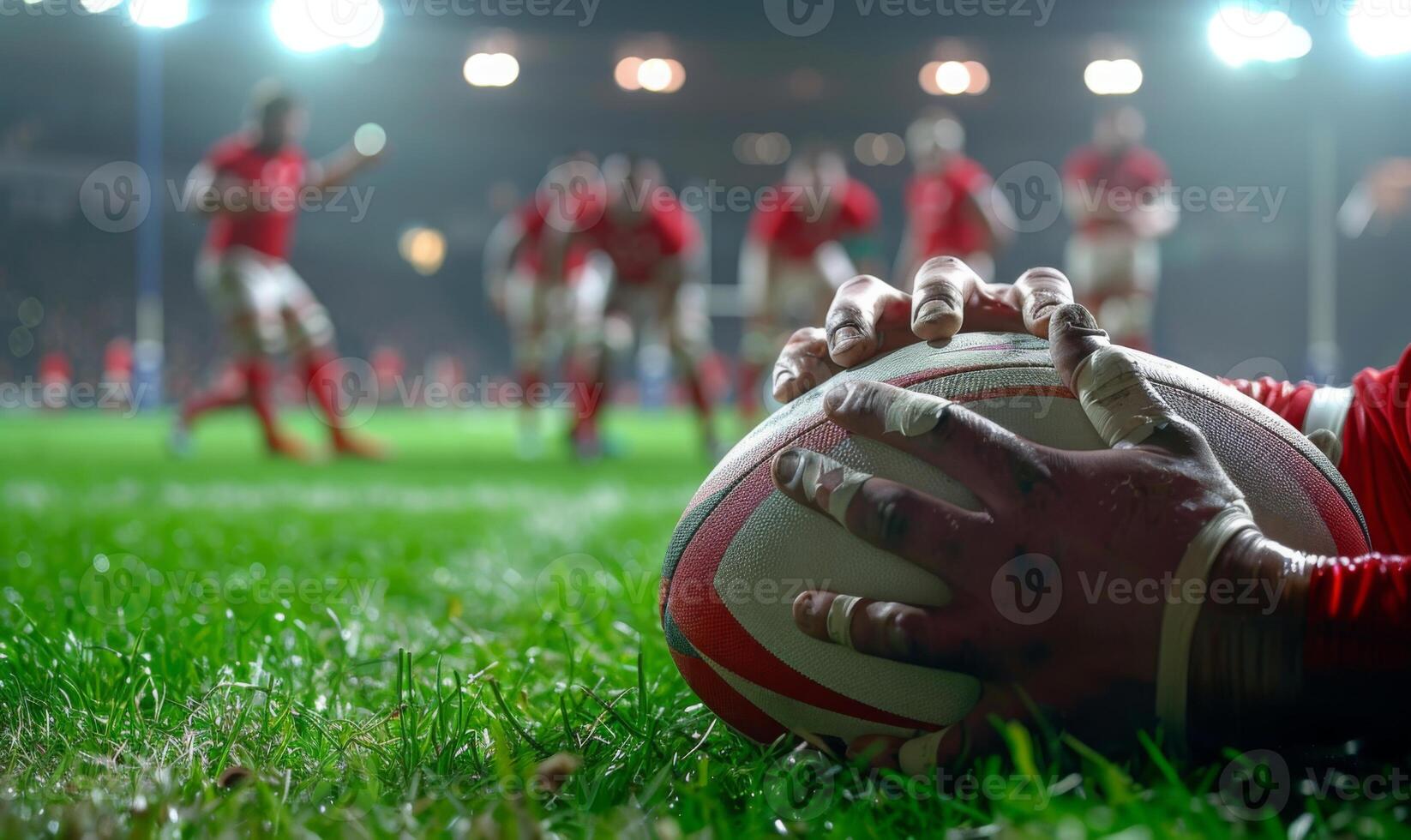 A rugby player's hands gripping the ball, with the field and players in the background photo