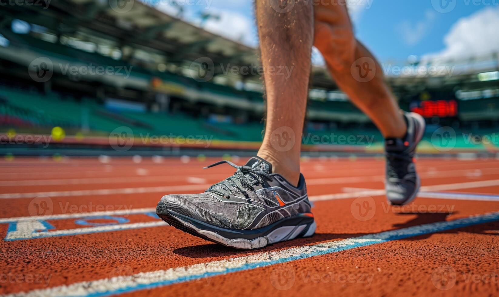 A runner's legs and shoes on a track, with the stadium in the background photo