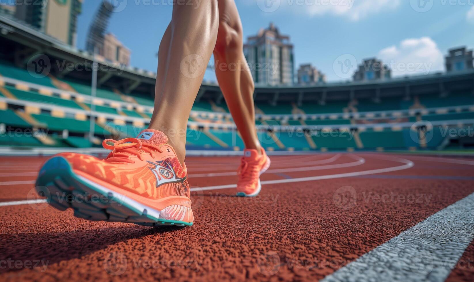 A runner's legs and shoes on a track, with the stadium in the background photo