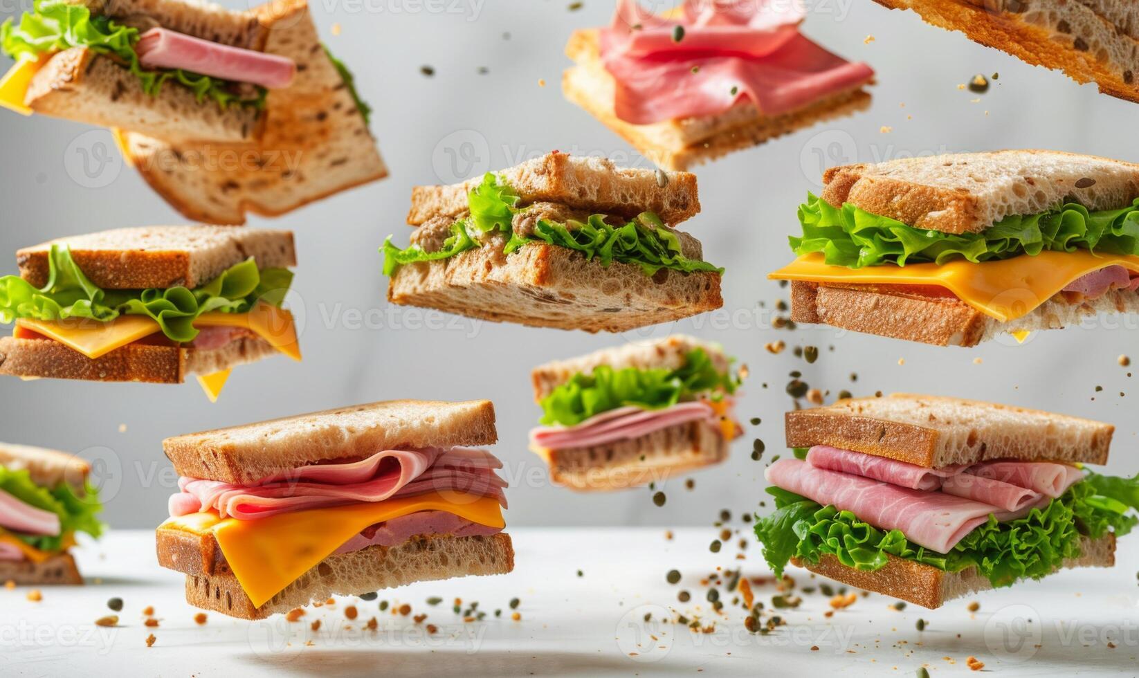 A selection of sandwiches with different fillings like ham, cheese, and lettuce flying in mid-air with a white background photo