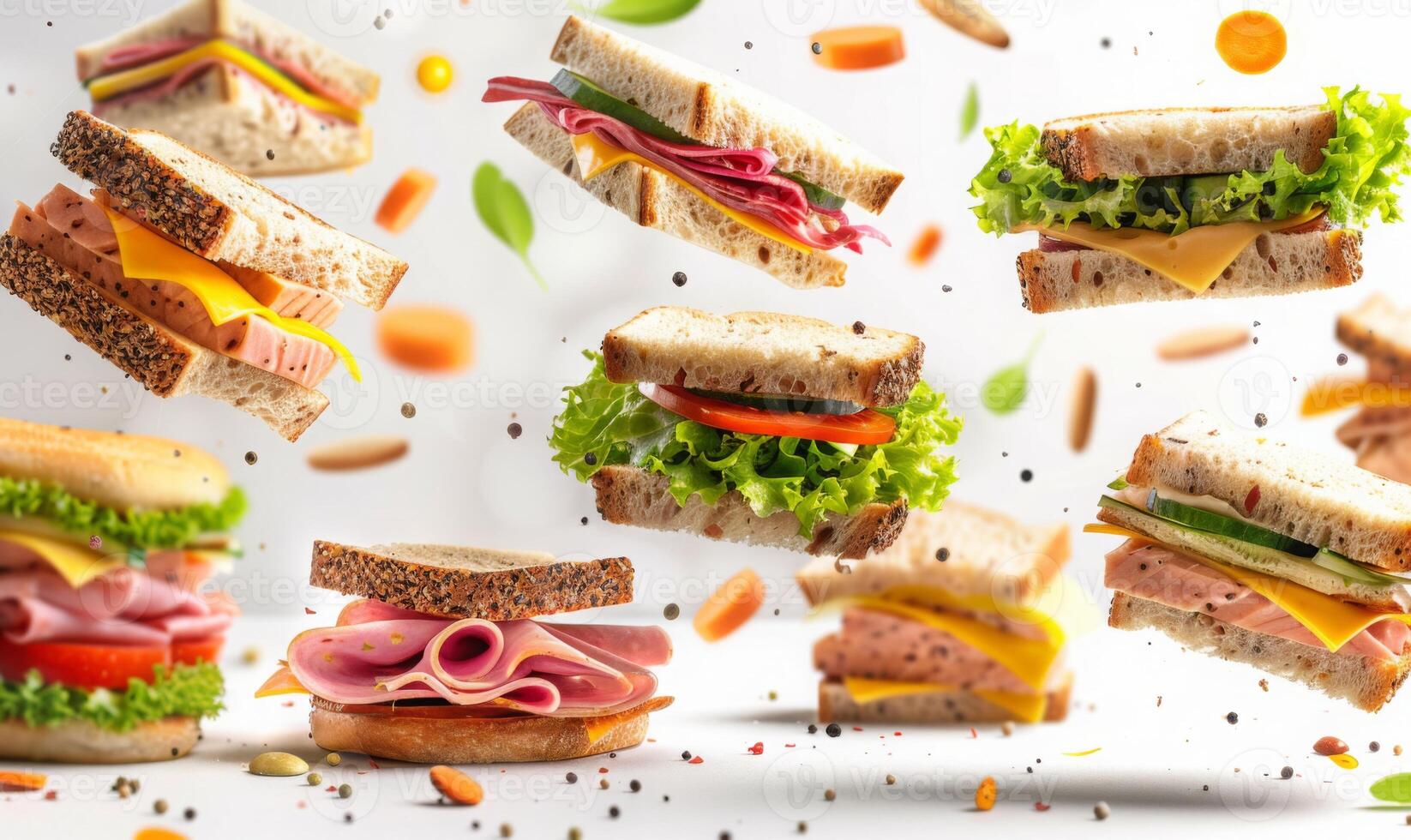 A selection of sandwiches with different fillings like ham, cheese, and lettuce flying in mid-air with a white background photo