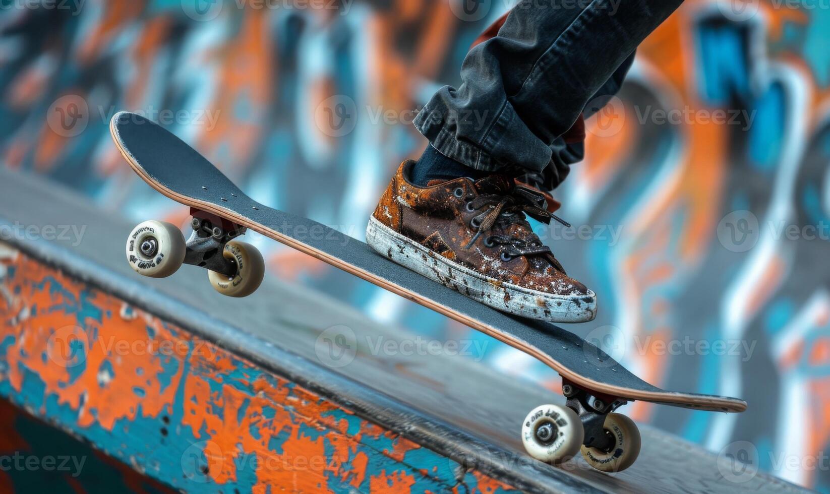 A skateboarder's legs and board performing a trick on a half-pipe photo