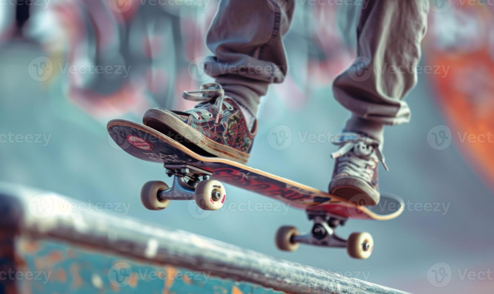 A skateboarder's legs and board performing a trick on a half-pipe photo
