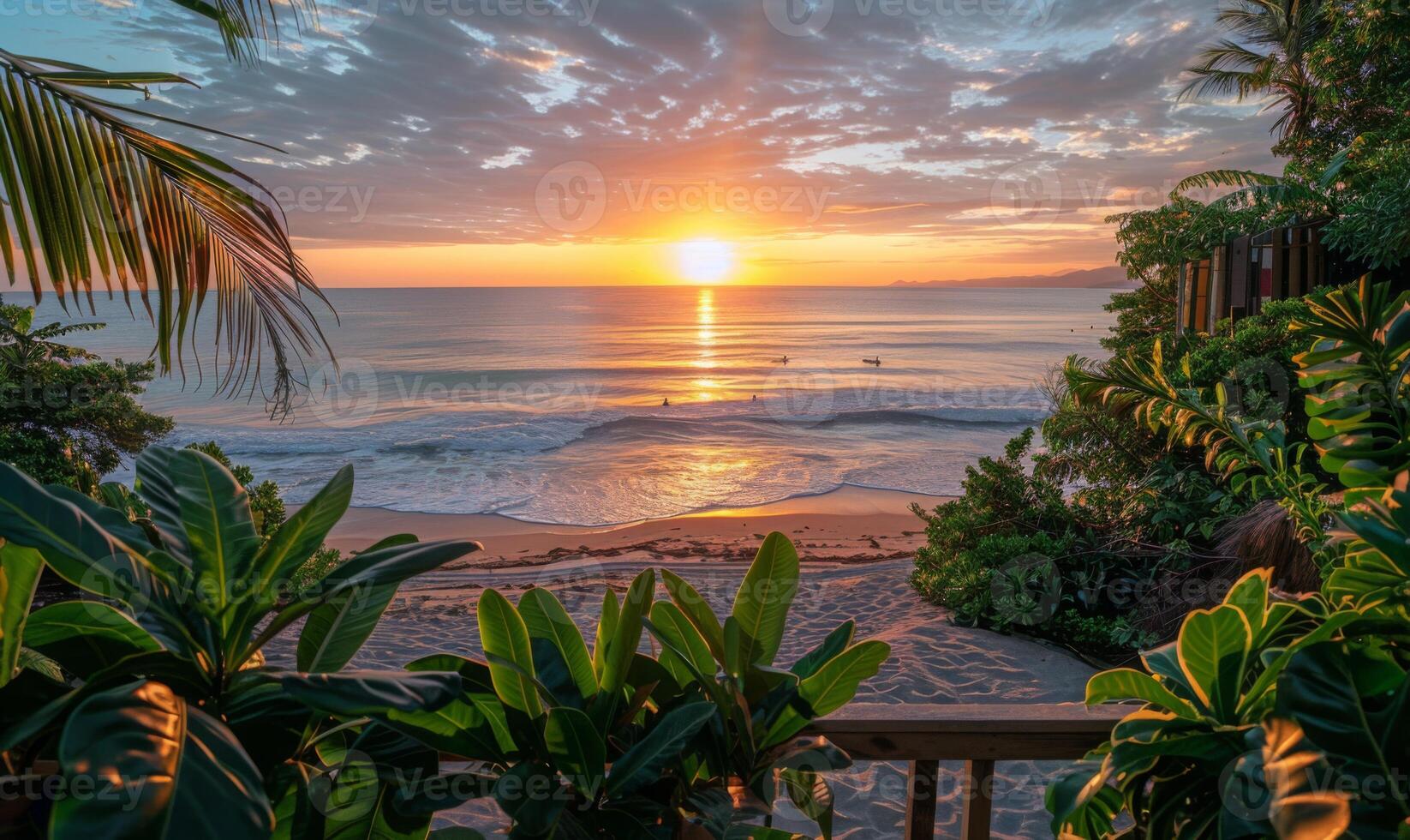 A sunrise over a tranquil beach, viewed from a balcony adorned with lush green plants photo