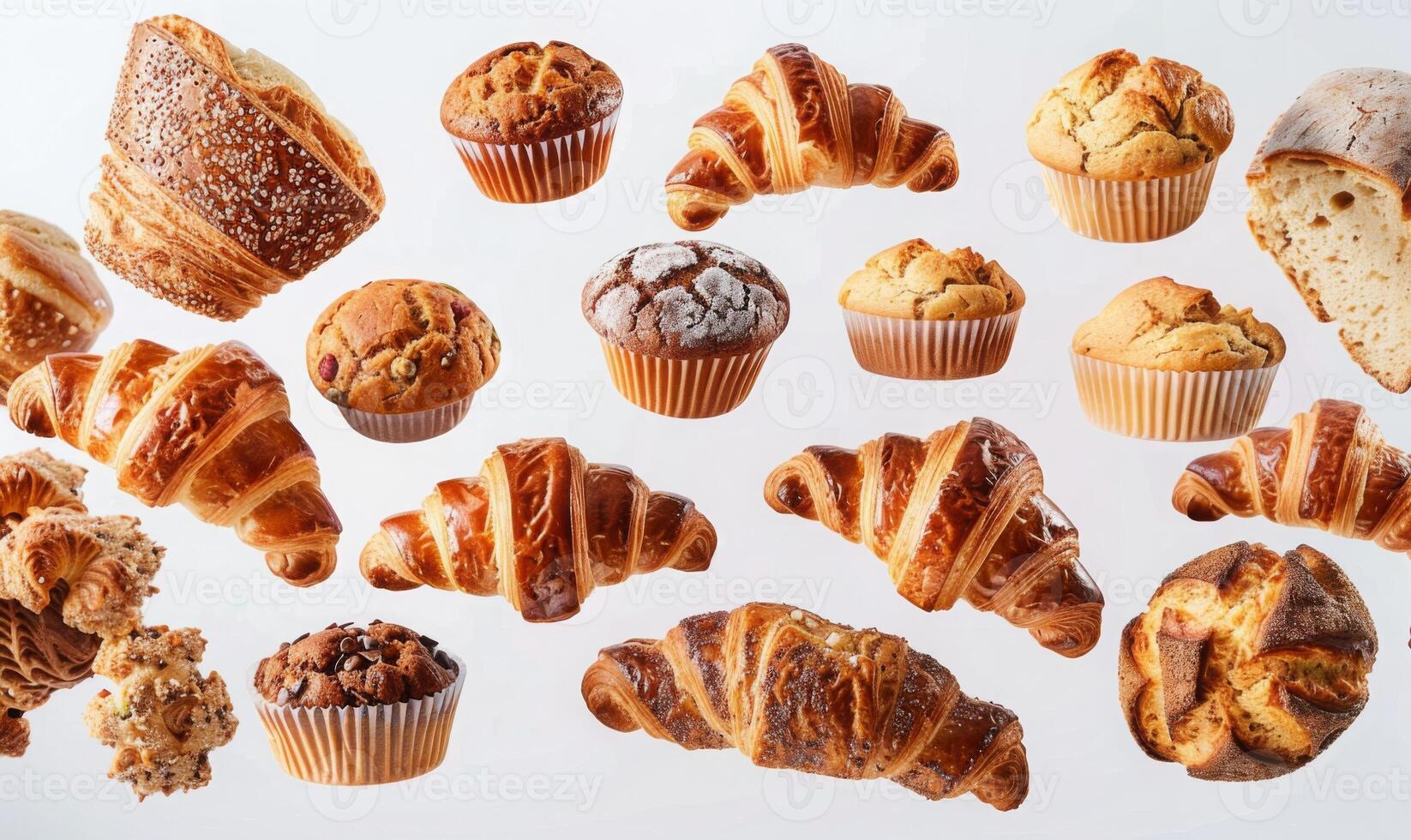 A variety of baked goods like croissants, muffins, and bread loaves flying in mid-air with a white background photo