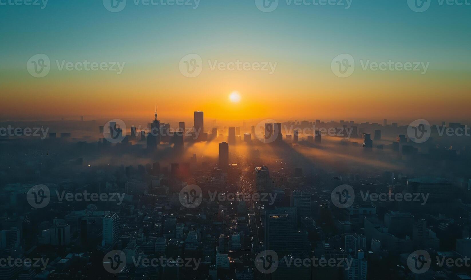 A tranquil sunrise over a sprawling city, with the first light casting long shadows and highlighting the architectural details of the skyline photo