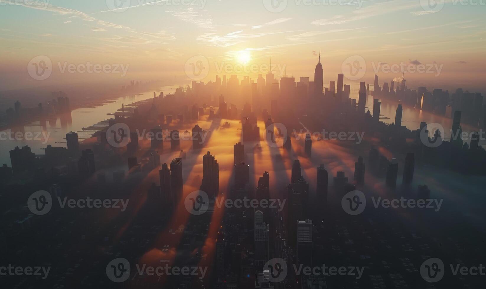 A tranquil sunrise over a sprawling city, with the first light casting long shadows and highlighting the architectural details of the skyline photo