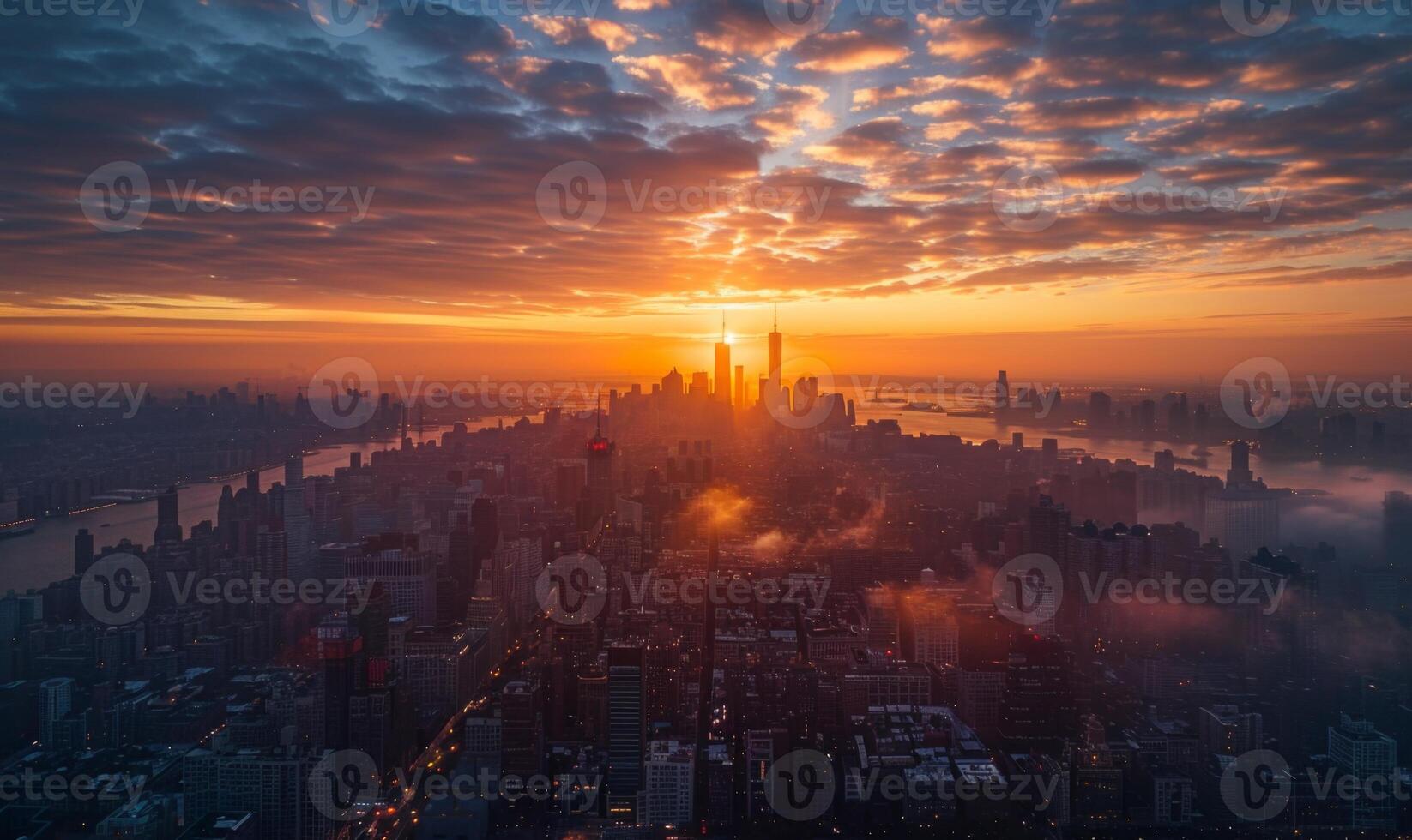 A tranquil sunrise over a sprawling city, with the first light casting long shadows and highlighting the architectural details of the skyline photo