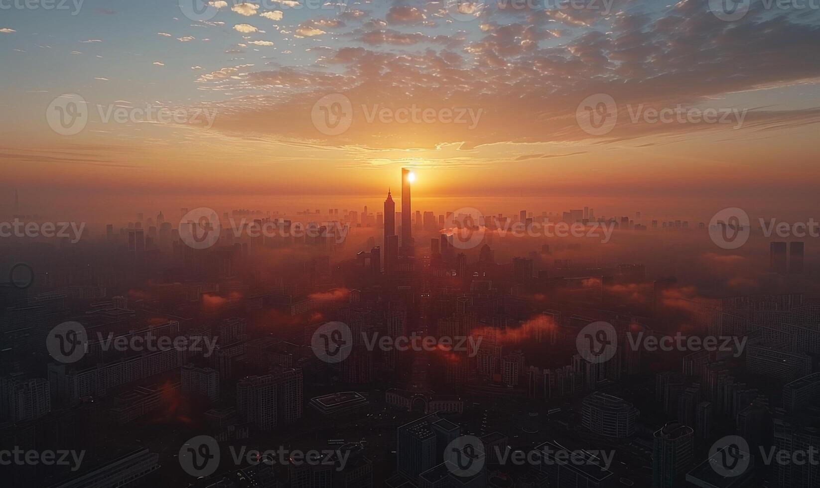 A tranquil sunrise over a sprawling city, with the first light casting long shadows and highlighting the architectural details of the skyline photo