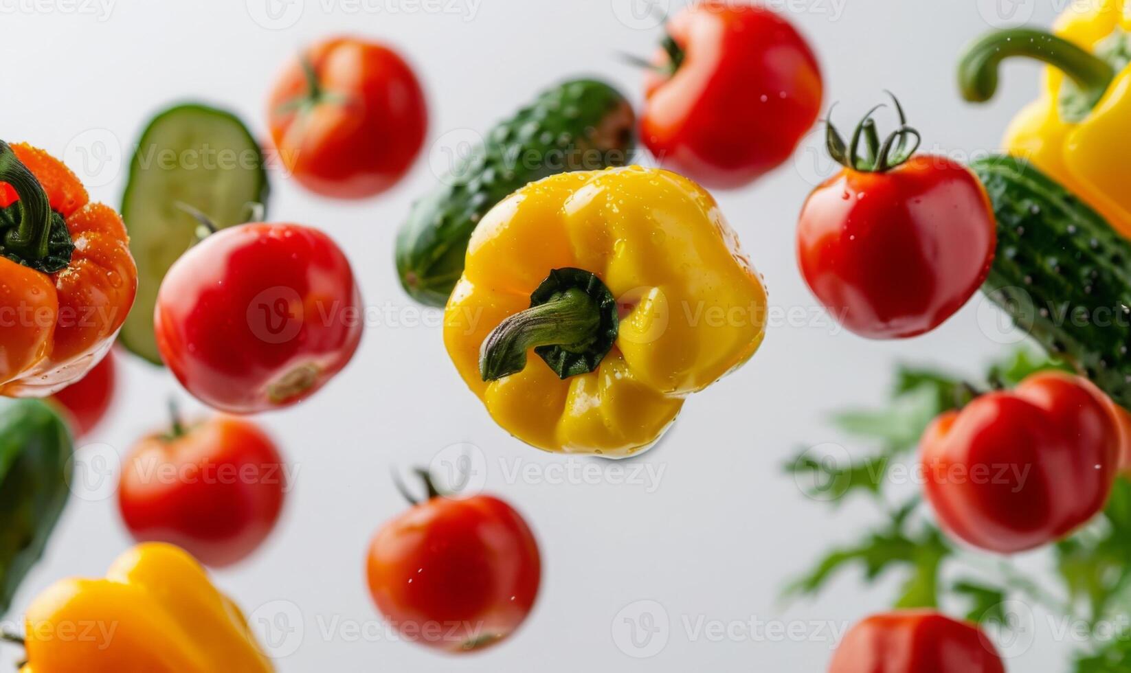A variety of colorful vegetables like bell peppers, tomatoes, and cucumbers flying in mid-air with a white background photo