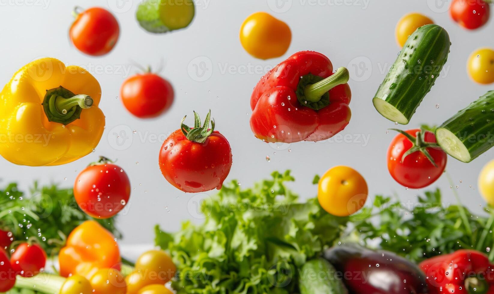 A variety of colorful vegetables like bell peppers, tomatoes, and cucumbers flying in mid-air with a white background photo