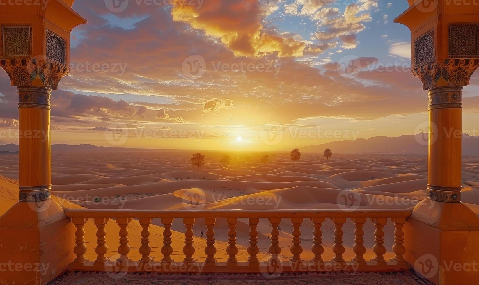 A vast desert landscape with sand dunes and a setting sun, viewed from a balcony with Arabian architectural elements photo