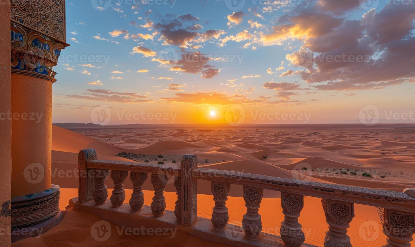 A vast desert landscape with sand dunes and a setting sun, viewed from a balcony with Arabian architectural elements photo