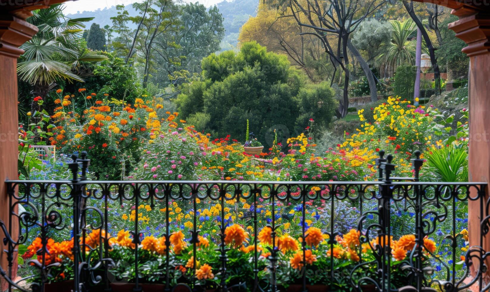 A vibrant garden full of blooming flowers, seen from a balcony with wrought iron railings photo