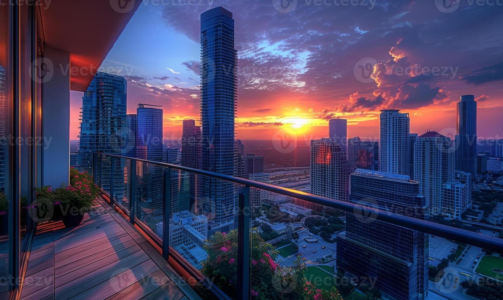 A vibrant city skyline at dusk, with the sun setting behind skyscrapers, viewed from a modern apartment balcony photo