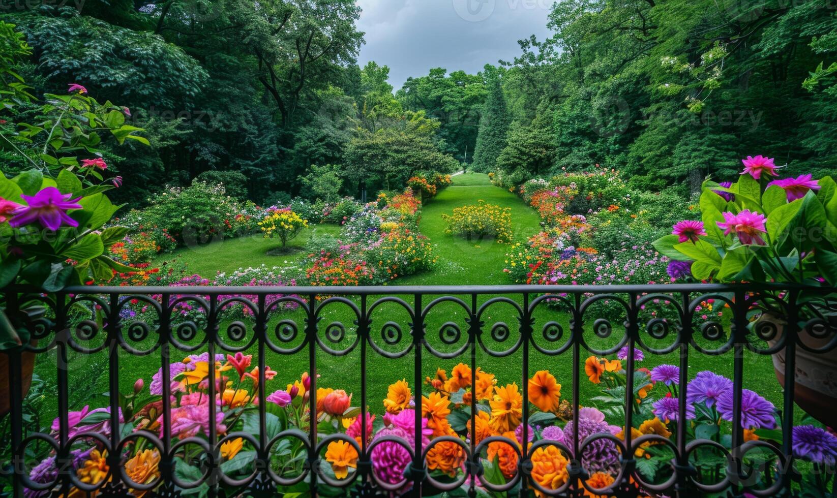 A vibrant garden full of blooming flowers, seen from a balcony with wrought iron railings photo