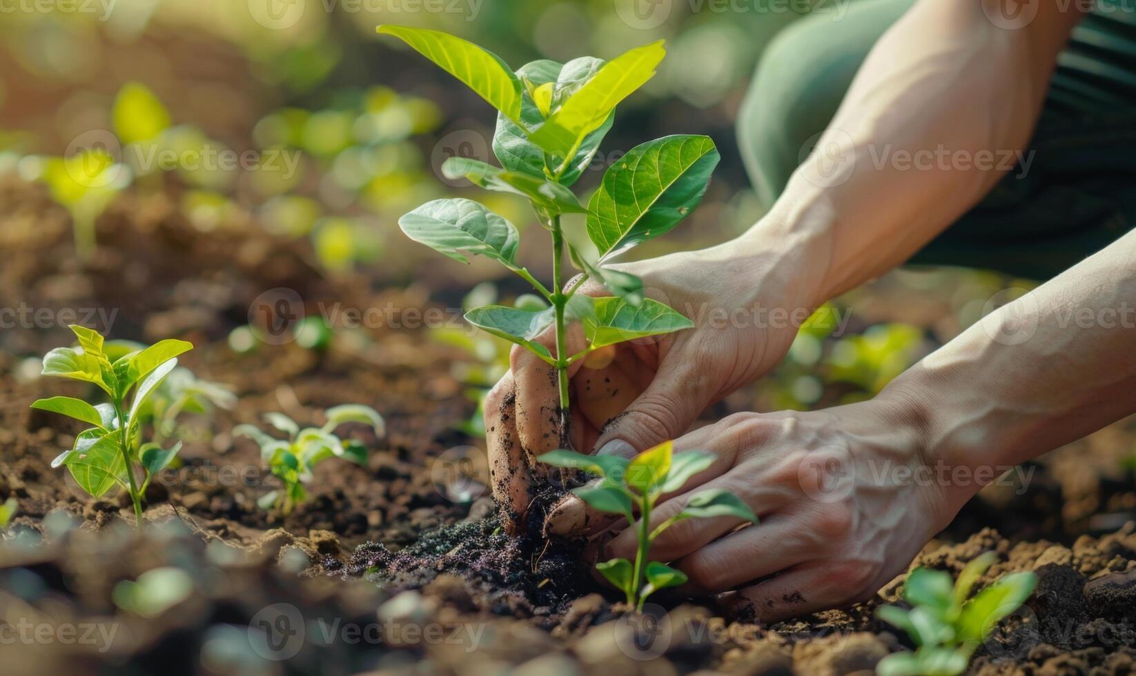 A worker's hands planting a tree in a community garden photo