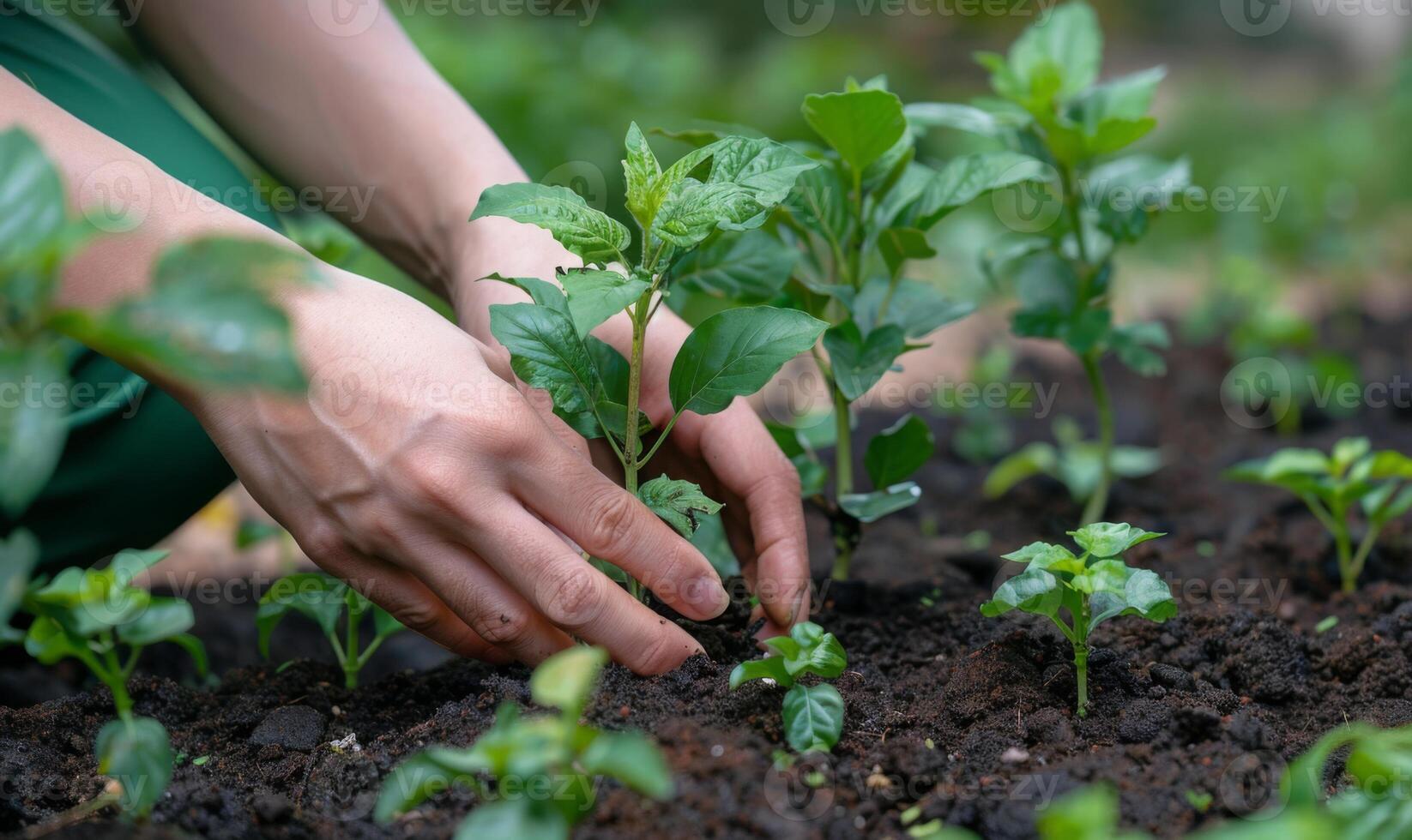 A worker's hands planting a tree in a community garden photo