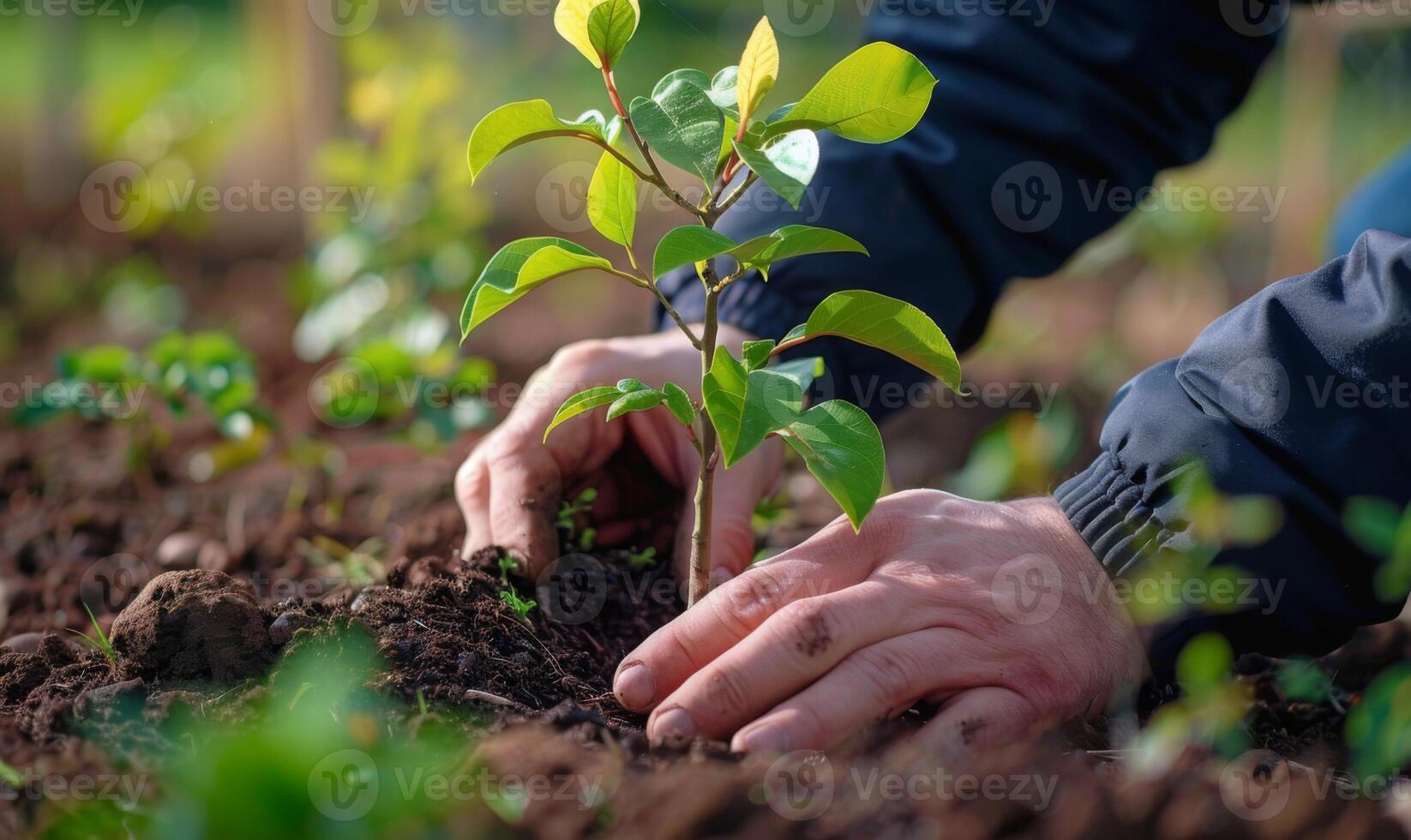 A worker's hands planting a tree in a community garden photo