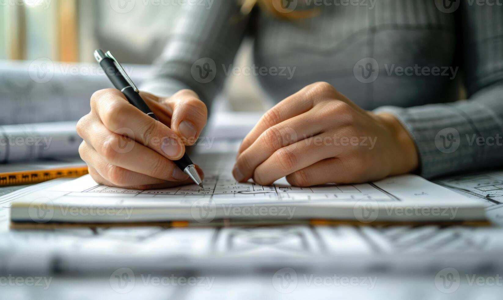 A worker's hands writing in a notebook with blueprints in the background photo