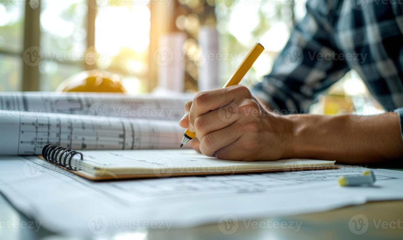 A worker's hands writing in a notebook with blueprints in the background photo