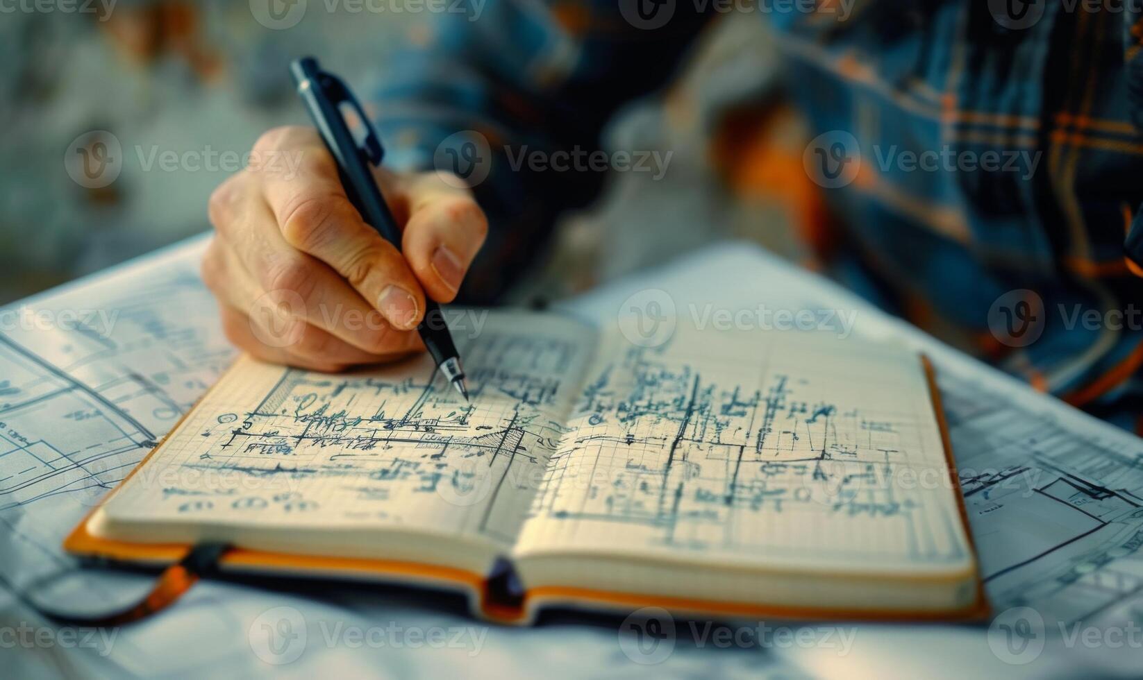A worker's hands writing in a notebook with blueprints in the background photo