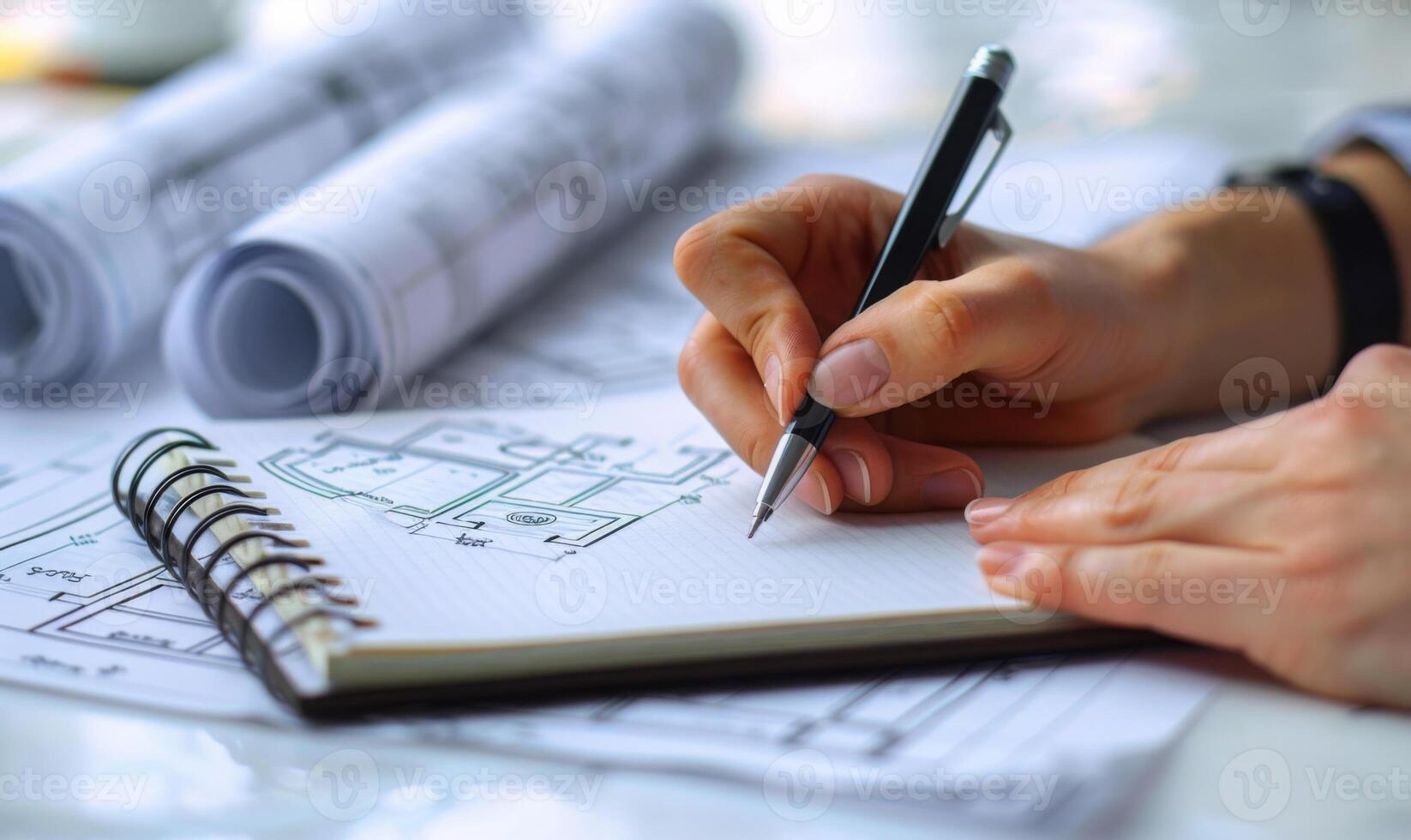 A worker's hands writing in a notebook with blueprints in the background photo