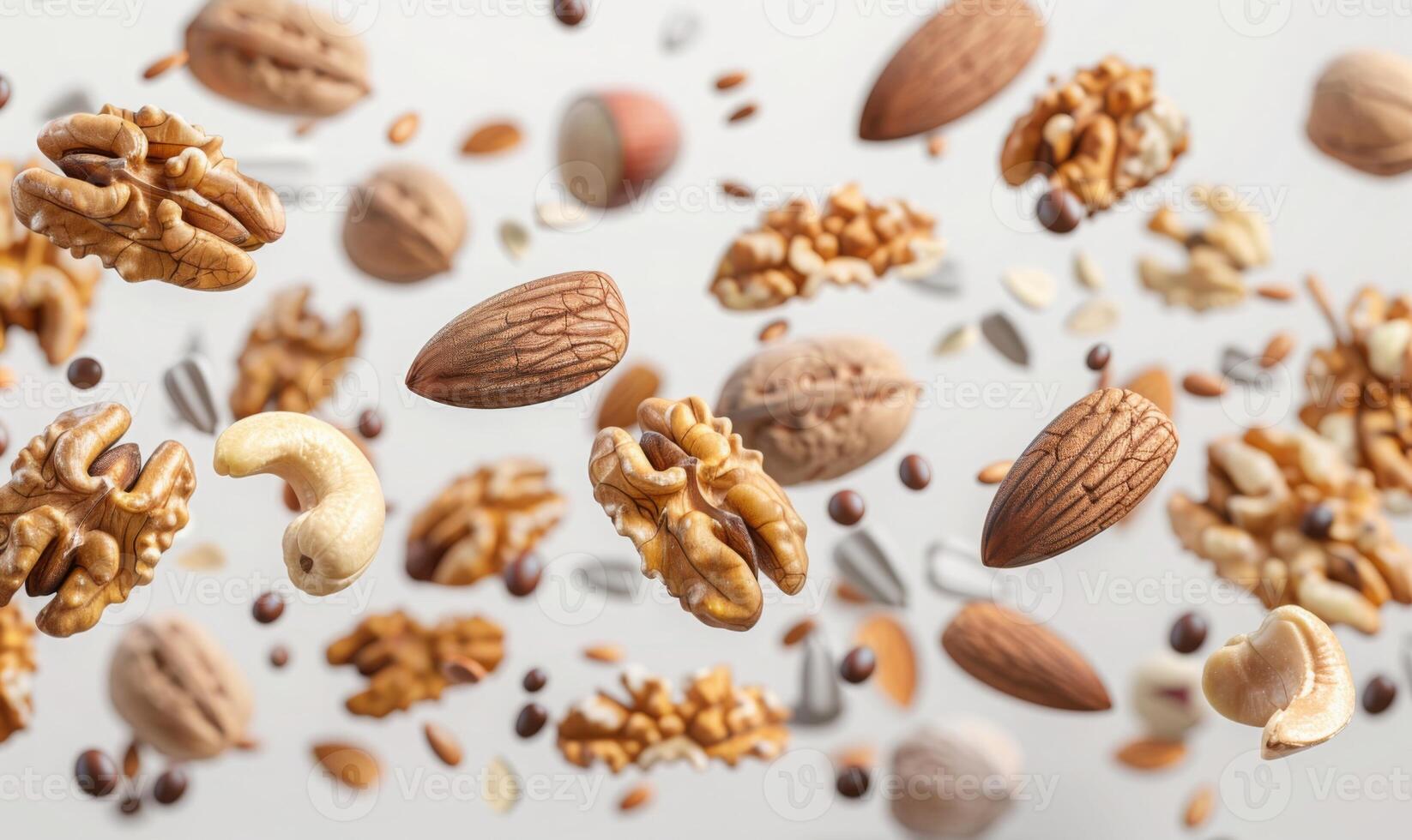 An array of nuts and seeds such as almonds, walnuts, and sunflower seeds flying in mid-air with a white background photo