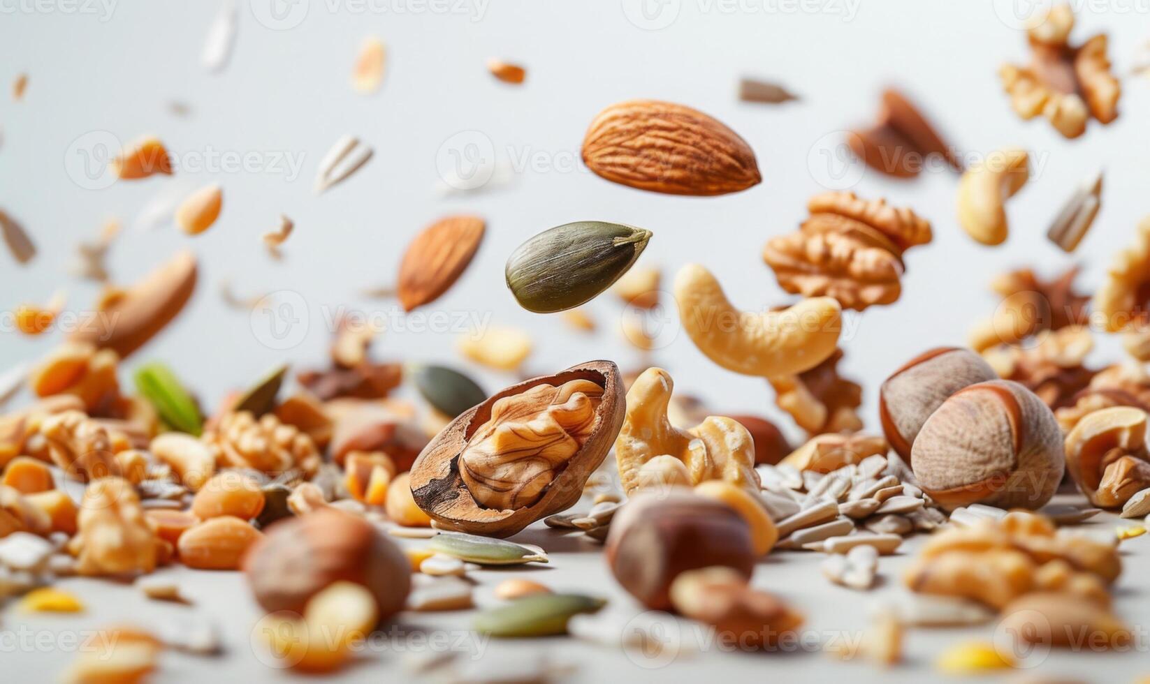 An array of nuts and seeds such as almonds, walnuts, and sunflower seeds flying in mid-air with a white background photo