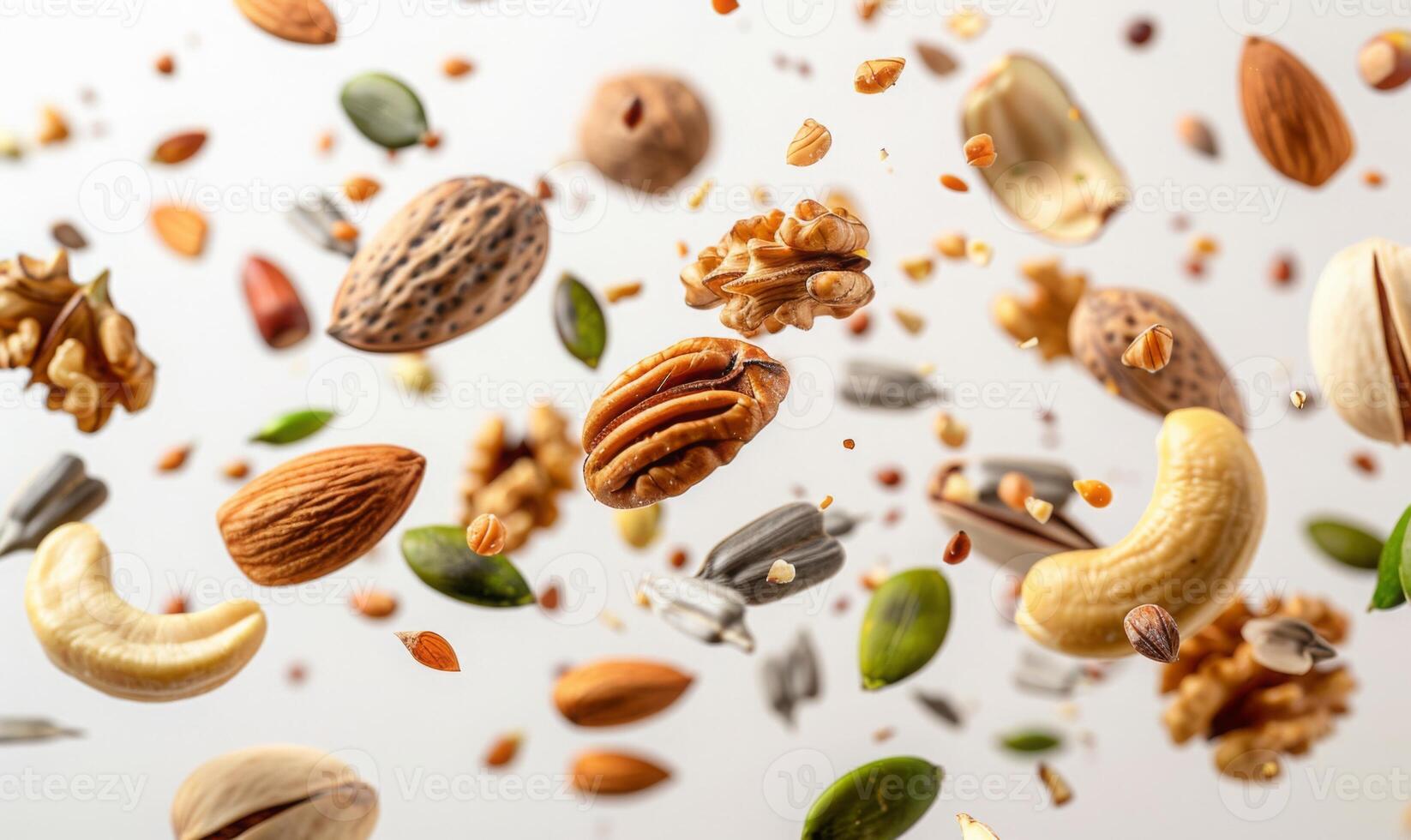 An array of nuts and seeds such as almonds, walnuts, and sunflower seeds flying in mid-air with a white background photo