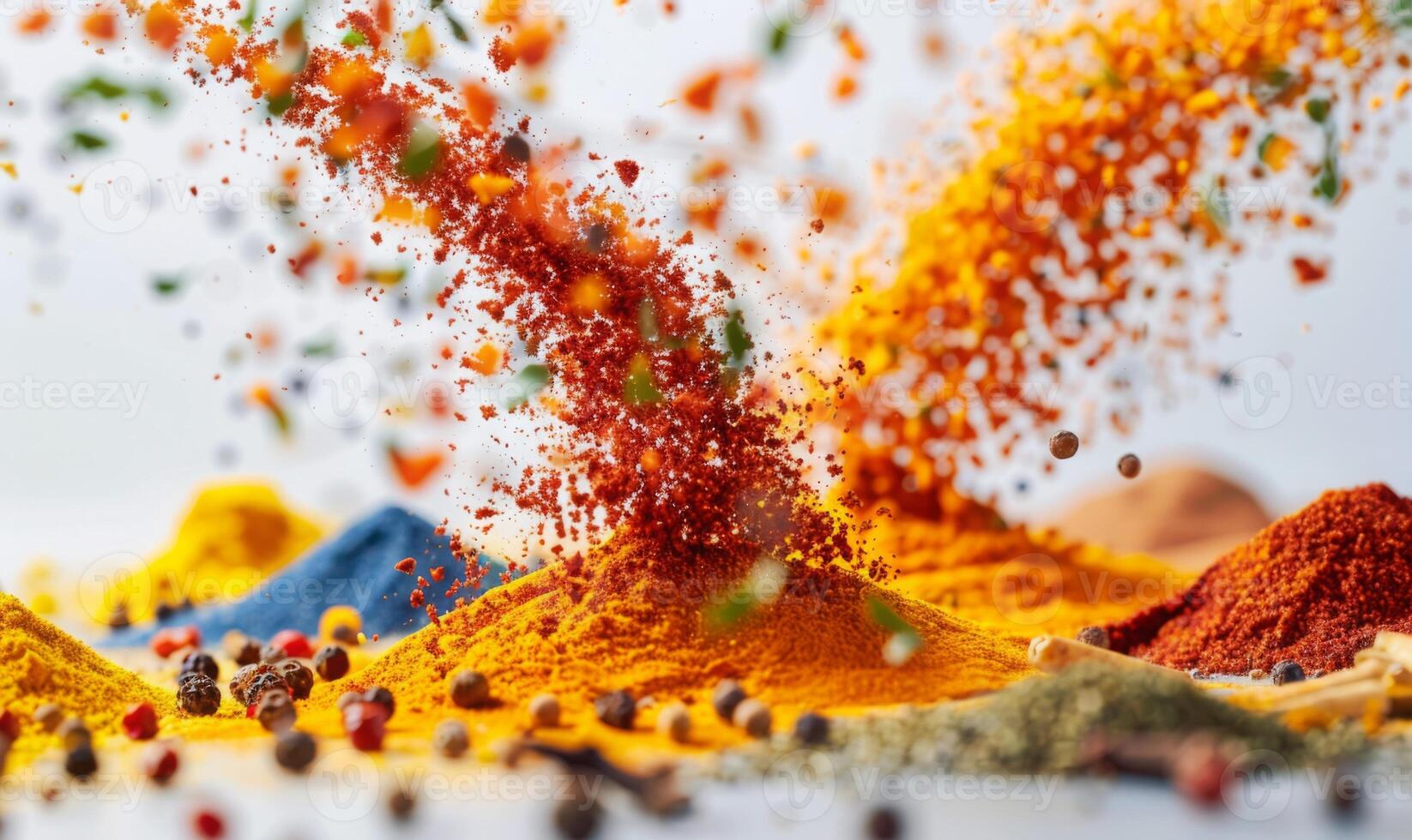 An assortment of vibrant spices like turmeric, paprika, and cumin floating in mid-air with a white background photo