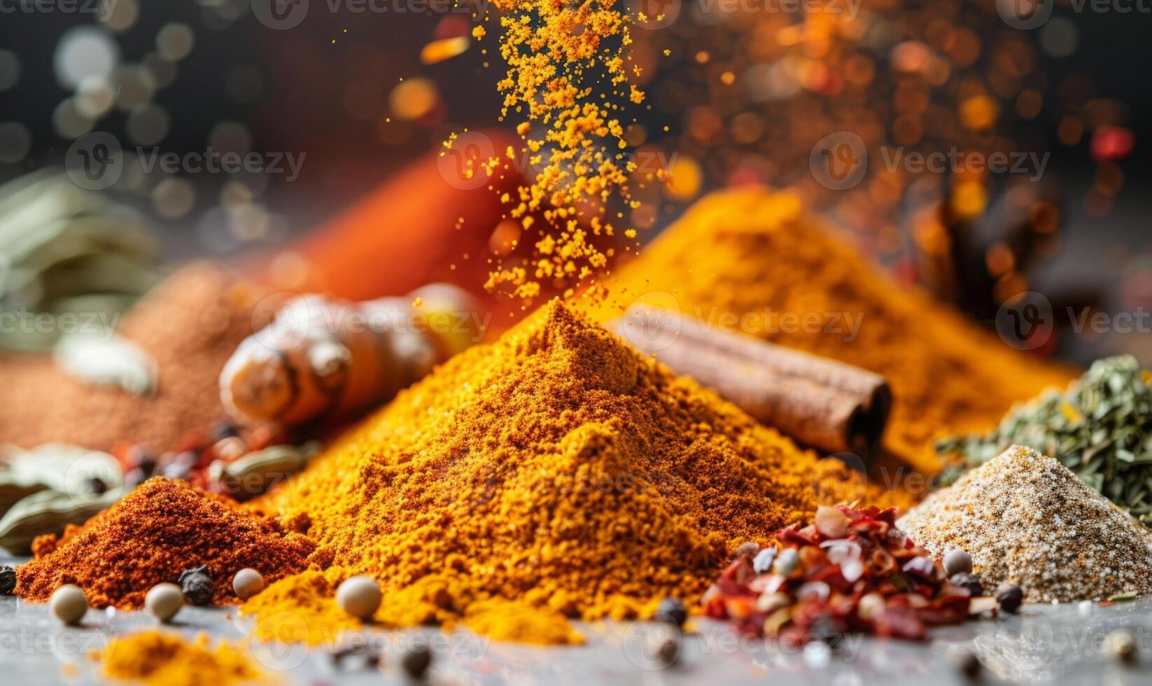 An assortment of vibrant spices like turmeric, paprika, and cumin floating in mid-air with a white background photo