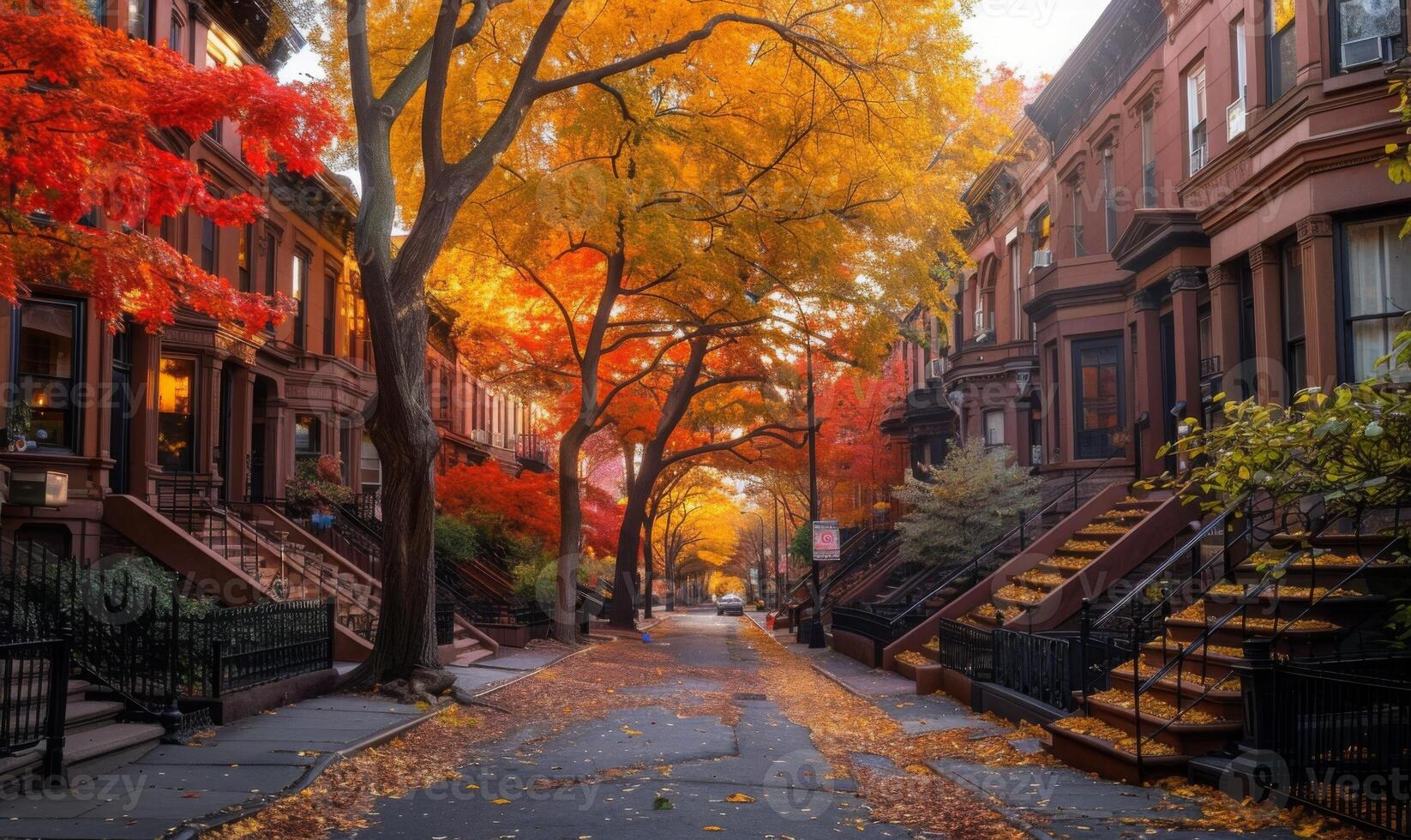 An autumn urban scene with tree-lined streets full of vibrant fall foliage and classic brownstone buildings photo