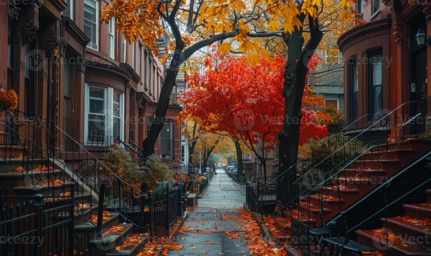 An autumn urban scene with tree-lined streets full of vibrant fall foliage and classic brownstone buildings photo
