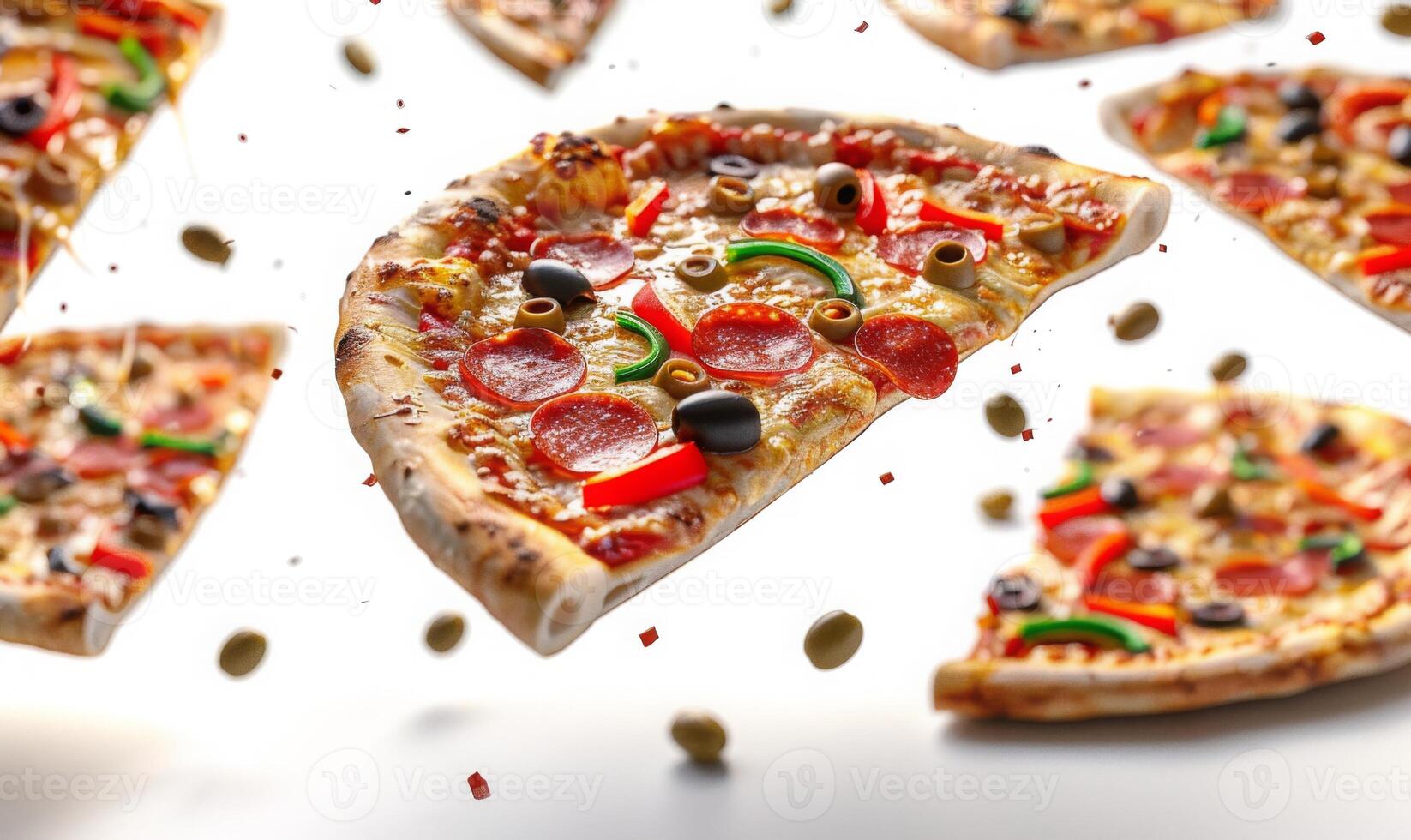 Slices of pizza with various toppings like pepperoni, olives, and bell peppers flying in mid-air with a white background photo