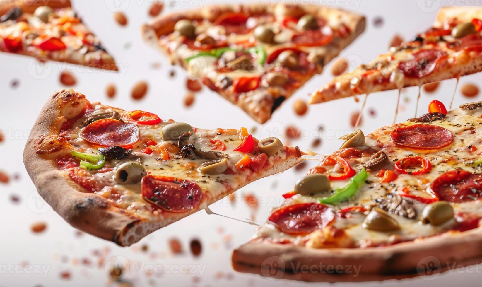 Slices of pizza with various toppings like pepperoni, olives, and bell peppers flying in mid-air with a white background photo