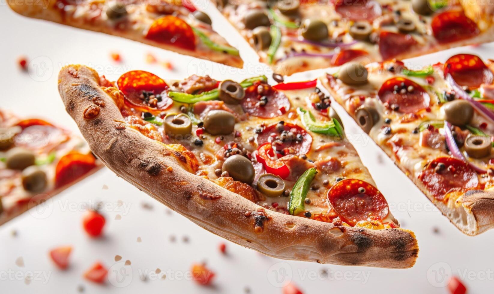 Slices of pizza with various toppings like pepperoni, olives, and bell peppers flying in mid-air with a white background photo