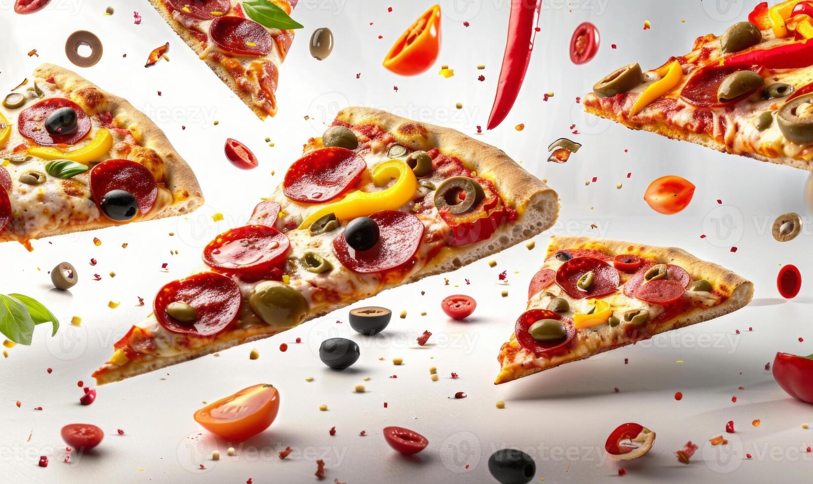 Slices of pizza with various toppings like pepperoni, olives, and bell peppers flying in mid-air with a white background photo