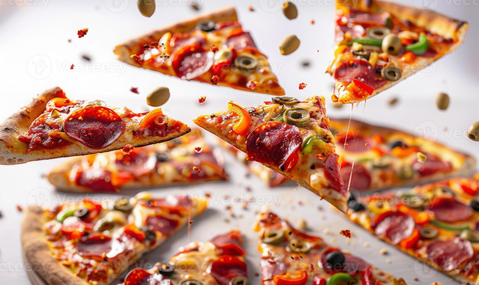 Slices of pizza with various toppings like pepperoni, olives, and bell peppers flying in mid-air with a white background photo