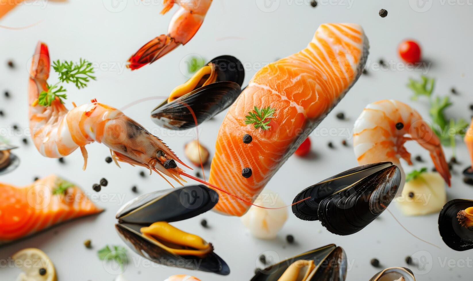 Various seafood items like shrimp, salmon, and mussels floating in mid-air with a white background photo