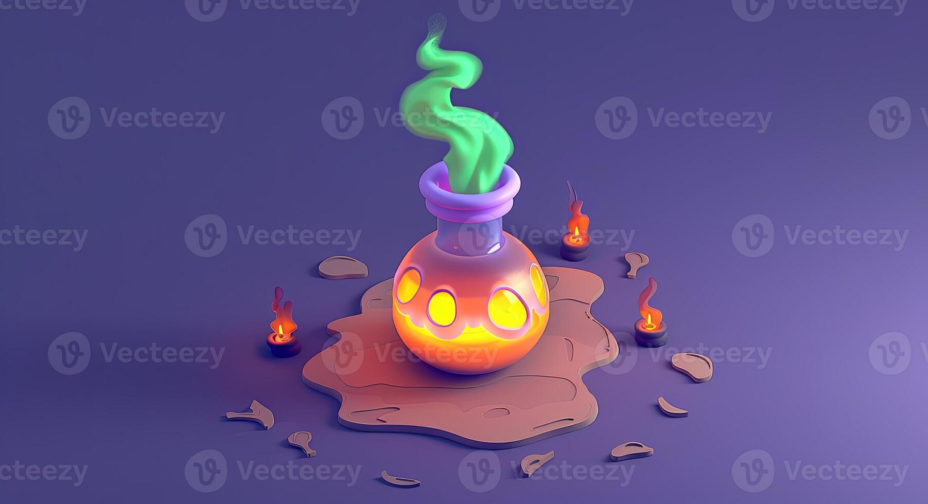 3D cartoon illustration of a bubbling potion bottle with green smoke swirling around, with a wide area of empty space for text photo