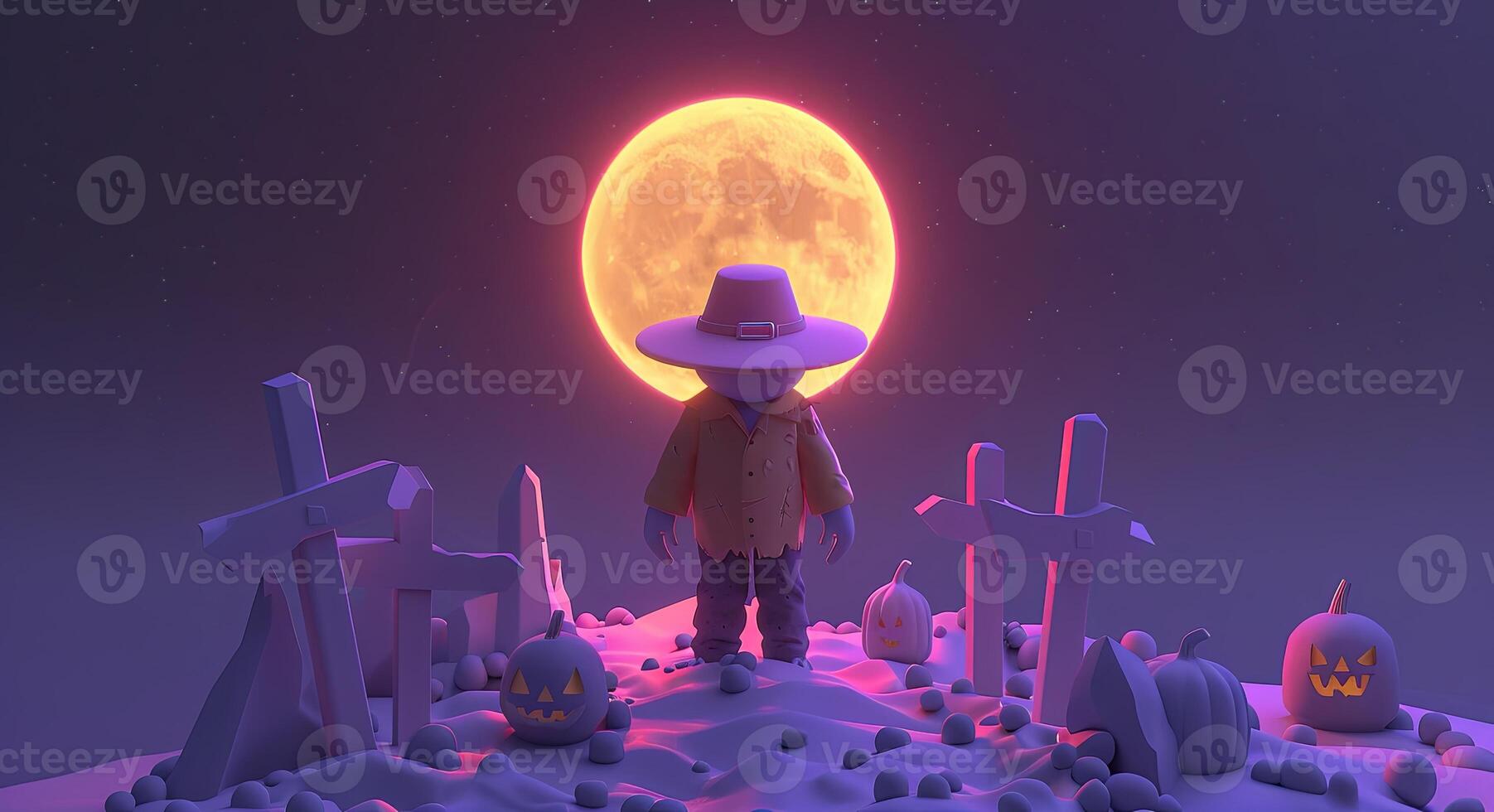 3D cartoon illustration of a Halloween night scene with a silhouetted scarecrow and a full moon, with plenty of space for a message photo