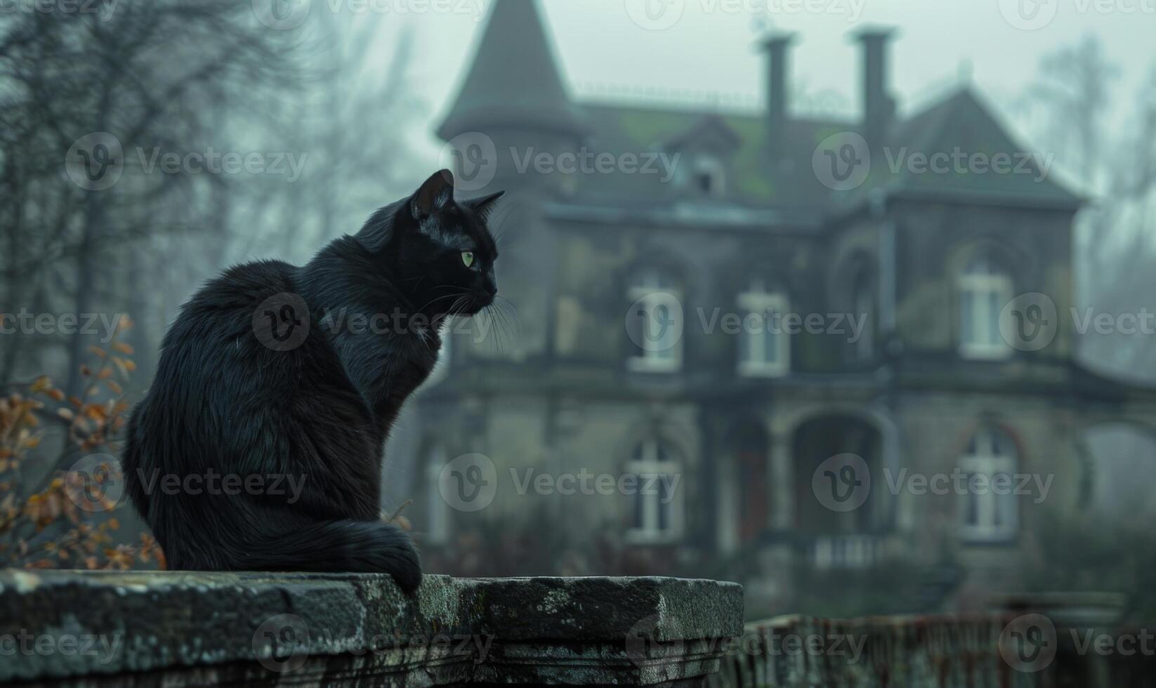 A black cat sitting on a fence with a creepy old mansion in the background, and space above for text photo