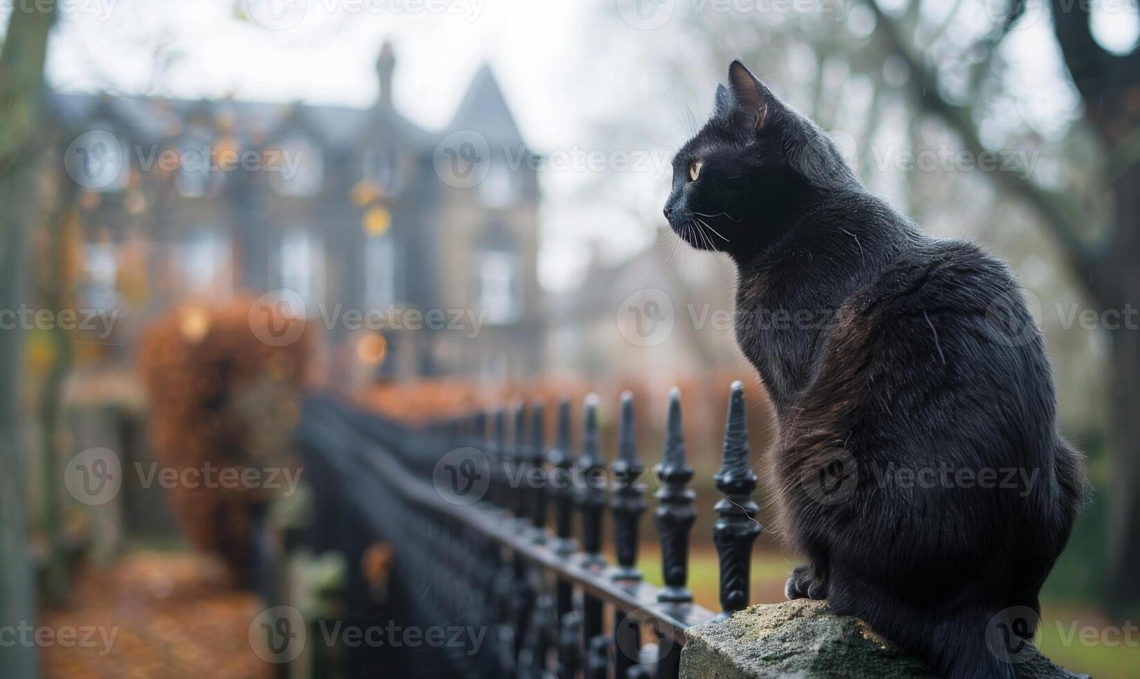 A black cat sitting on a fence with a creepy old mansion in the background, and space above for text photo