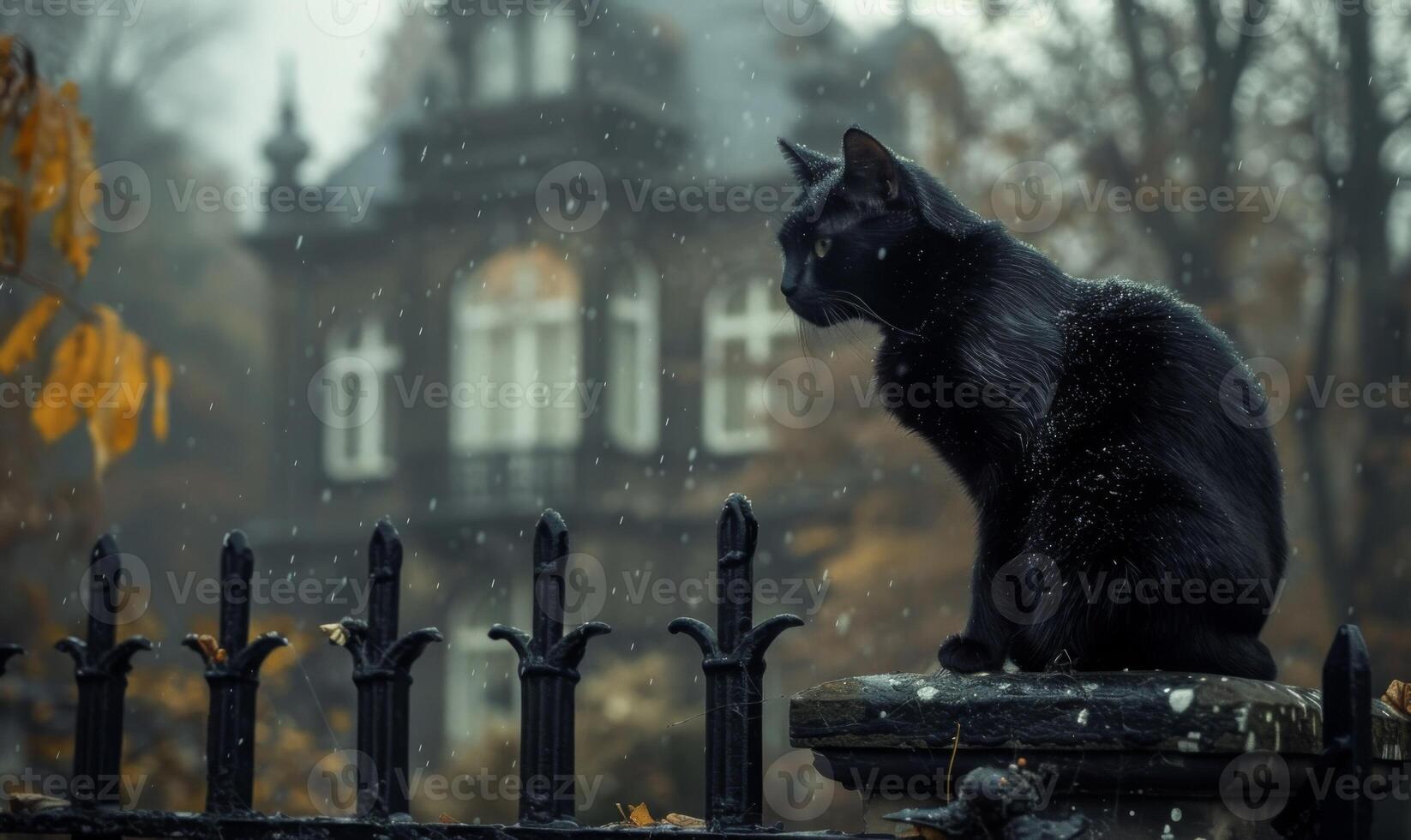 A black cat sitting on a fence with a creepy old mansion in the background, and space above for text photo