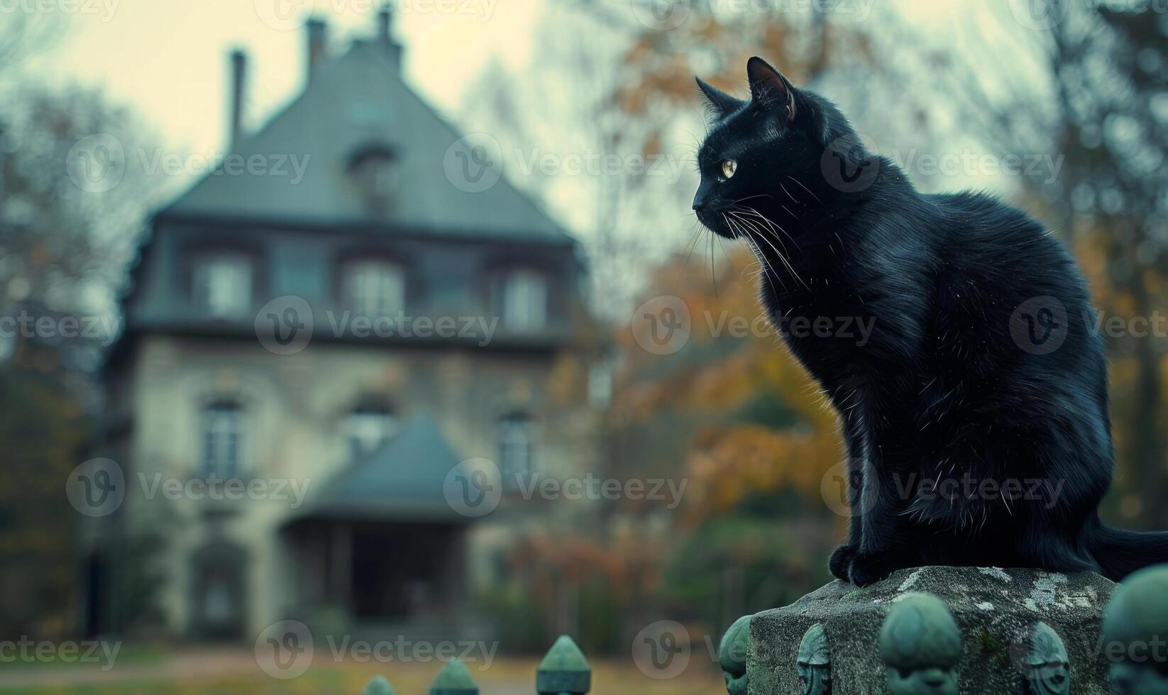 A black cat sitting on a fence with a creepy old mansion in the background, and space above for text photo