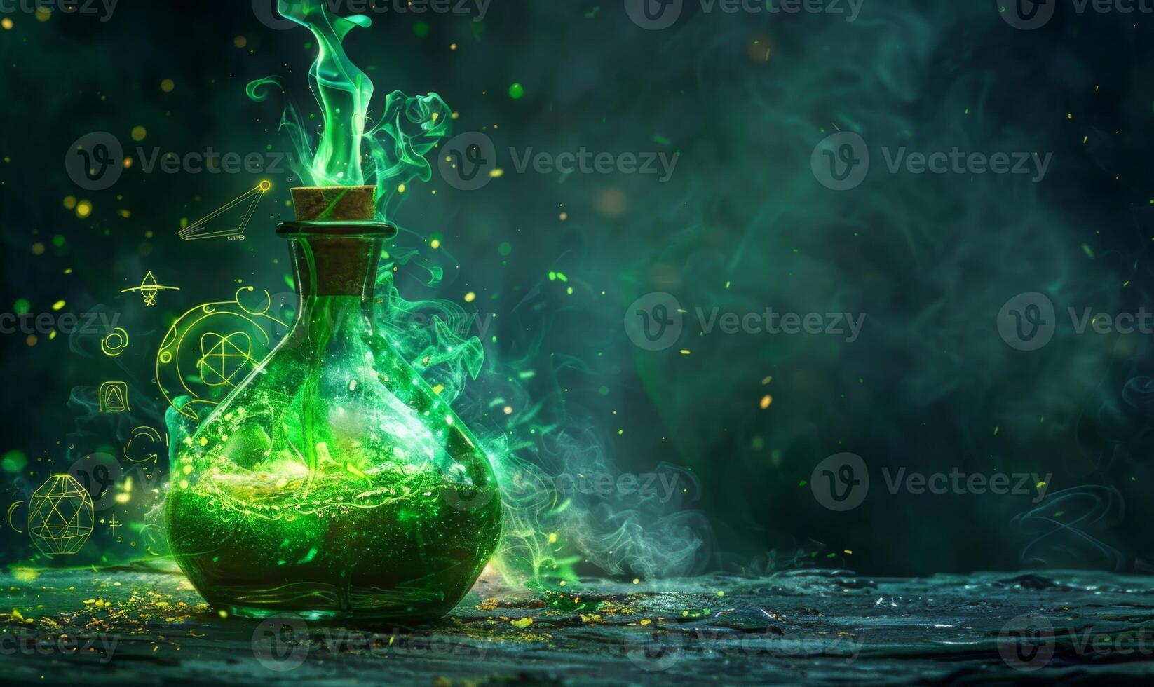 A bubbling potion bottle with glowing green liquid and mystical symbols around, leaving space on the left for a message photo