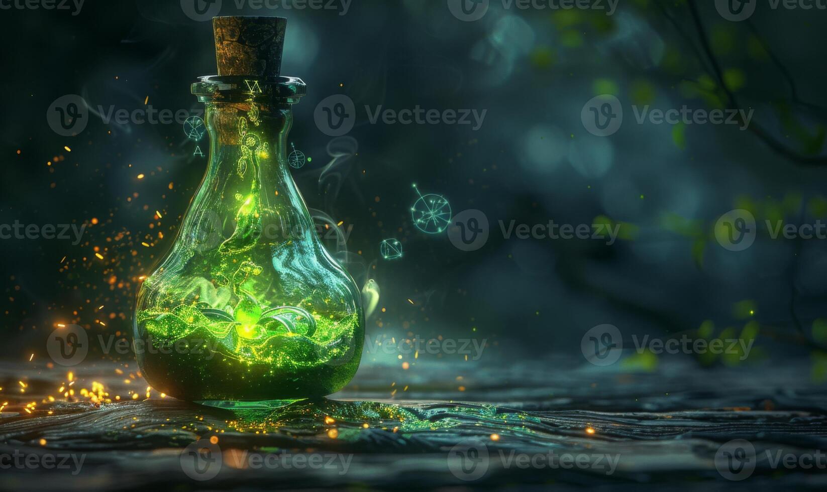 A bubbling potion bottle with glowing green liquid and mystical symbols around, leaving space on the left for a message photo