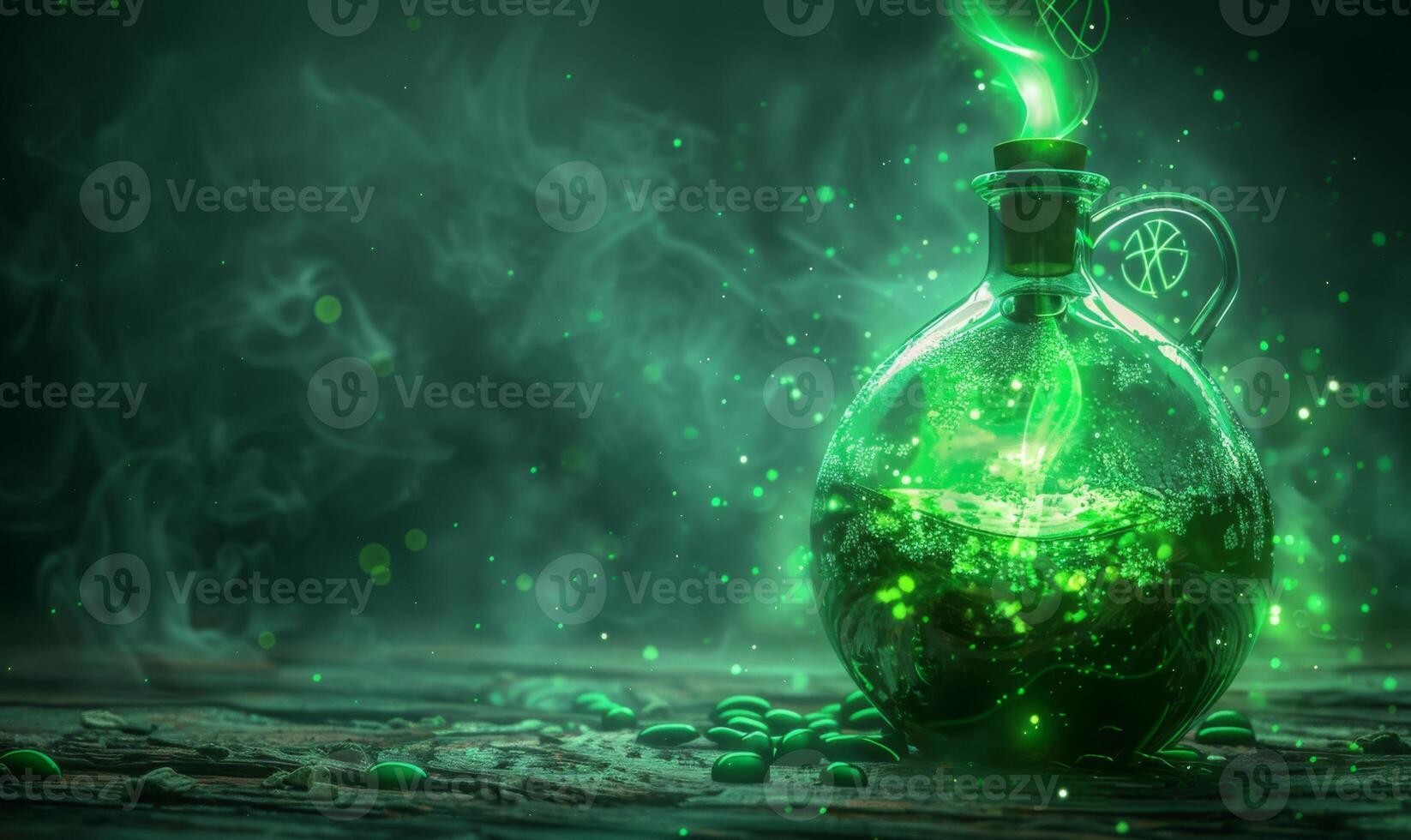 A bubbling potion bottle with glowing green liquid and mystical symbols around, leaving space on the left for a message photo